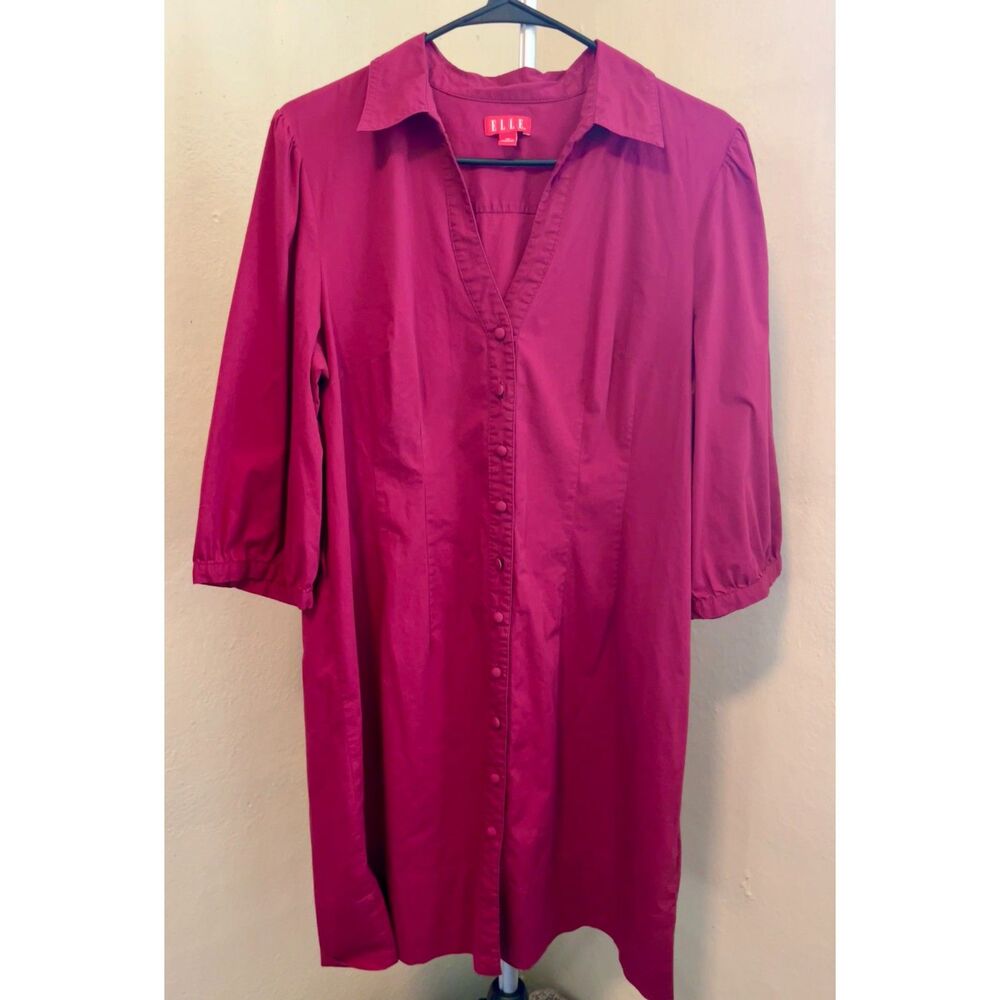 ELLE Fuchsia V-Neck A-Line Shirt Dress 3/4 Puffed Sleeves XL Cotton